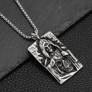 Gothic skull grim reaper rectangle pendant in matte silver finish on a box chain