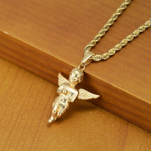 Collar de hip hop con colgante de ángel rezando dorado y cadena de cuerda clásica para hombre y mujer