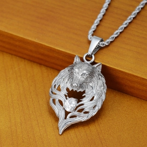 Hip Hop Wolfskop Titanium Staal Hanger Halsketting Zilveren Kleur Gepersonaliseerde Strass Ingelegd Touwketting Voor Heren Dames