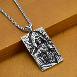 Hip hop gothic grim reaper skull pendant necklace in vintage silver stainless steel
