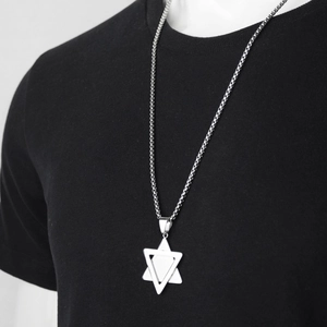 Pendentif étoile hexagramme double hip hop sur collier chaîne box en acier argenté poli