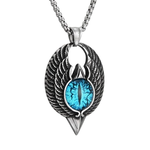 Hip hop titanium steel necklace featuring a gothic eagle wing pendant with a blue devil eye