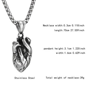 Détails du pendentif cœur anatomique en acier inoxydable argenté avec chaîne carrée