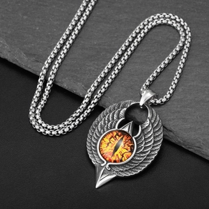 Hip-hop style titanium steel necklace with eagle wings and evil eye dragon pendant
