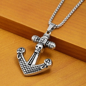 Collana con ciondolo ancora punk retrò, motivo a teschio e catena a sfere d'acciaio