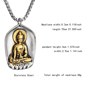 Close-up of a stainless steel flat Buddha pendant with dimensions and specifications