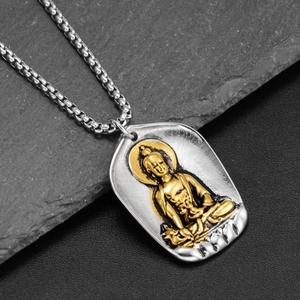 Hip hop style silver stainless steel necklace with golden Buddha pendant on box chain