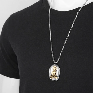 Hip hop style titanium steel chain necklace featuring a dual-tone Buddha pendant for men