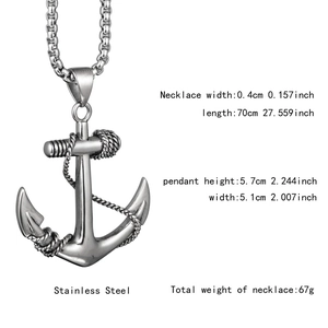 Macro detail of nautical stainless steel anchor pendant with rope texture and measurements
