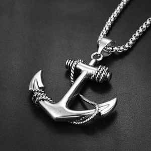 Hip hop silver anchor pendant necklace with rope texture and box chain on black leather