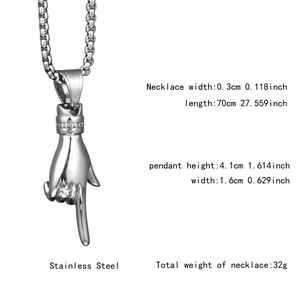 Detail view of rock on hand gesture pendant with stainless steel necklace measurements