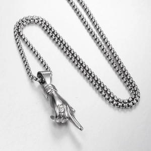 Vintage hip hop style stainless steel middle finger gesture pendant necklace in silver