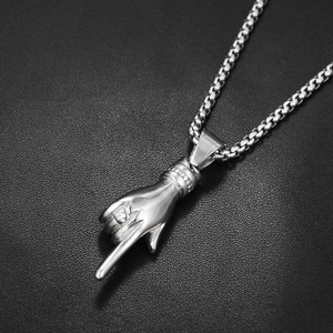 Hip hop style finger gesture pendant necklace in silver stainless steel with box chain