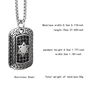 Detail view of hexagram steel pendant with 70cm chain and specific product dimensions