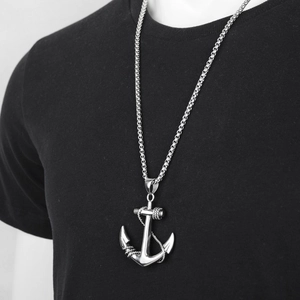 Hip hop rock style anchor pendant necklace with rope detail on a steel venetian chain