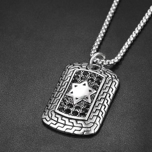 Vintage hip hop style stainless steel square pendant necklace with hexagram star and black inlay