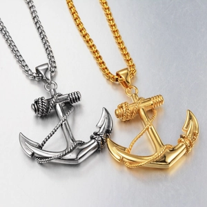 Hip hop anchor pendant necklace in silver and gold stainless steel with chain