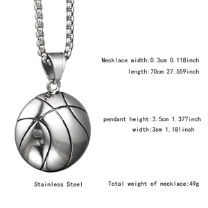 Especificaciones detalladas de tamaño para un collar con colgante de baloncesto en acero