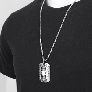 Hip hop hexagram square tag necklace in stainless steel with black stones on model