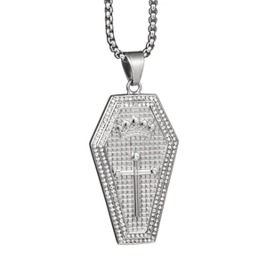 Gothic Stainless Steel Coffin Cross Crown Pendant Necklace Hip Hop Rhinestone Inlaid Jewelry For Men Women Cool Accessory