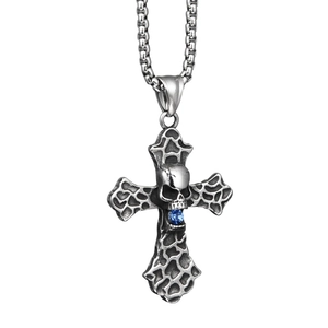 Collier Pendentif Croix Crâne Gothique Punk en Acier Inoxydable Texture Lave Zirconium Bijoux Hip Hop Argent Antique Unisexe