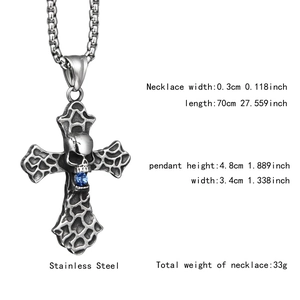 Détails du collier croix de crâne lave gothique en acier inoxydable et pierre bleue