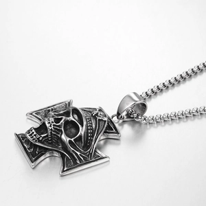 Gothic Totenkopf und Kreuz Anhänger Halskette aus Vintage-Edelstahl an runder Kugelkette