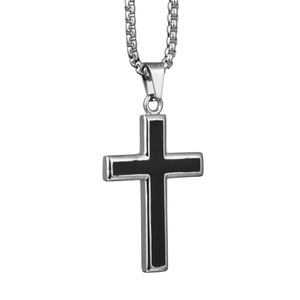 Collier Pendentif Croix en Acier au Titane Hip Hop Style Punk Minimaliste Bijoux Unisexe Ton Argent Incrustation Noire Chaîne Vénitienne Accessoires de Fête