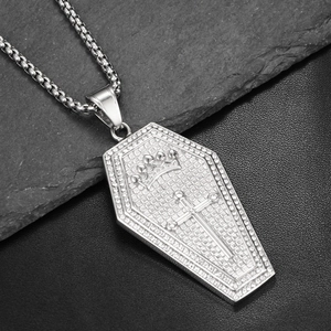 Gothic coffin pendant necklace in silver stainless steel with crown and sword engraving