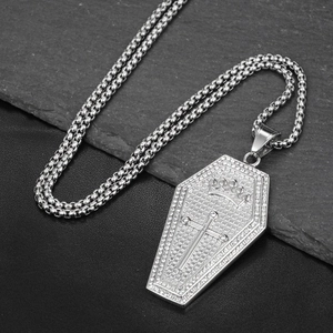 Hip hop gothic coffin pendant necklace in silver stainless steel with pavé white zircons