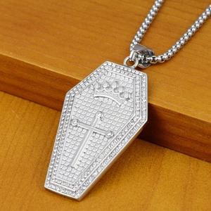 Gothic hip hop coffin pendant necklace with crown and cross details in sparkling silver steel