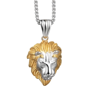 Collier pendentif tête de lion bicolore style hip hop avec chaîne à mailles argentée