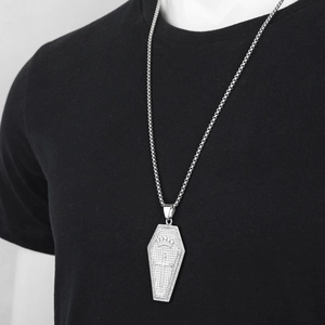 Hip hop coffin pendant necklace in silver stainless steel with crown and cross details