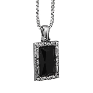 Collier hip hop avec pendentif rectangulaire en pierre noire et cadre argenté rétro ciselé