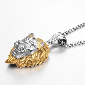 Collier avec pendentif tête de lion hip hop en acier inoxydable poli bicolore or et argent