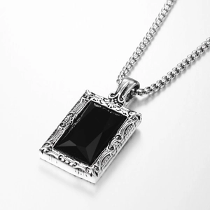 Collier Pendentif Carré en Acier Inoxydable avec Pierre Noire Cadre Relief Chaîne Box Vintage Bijoux de Cou Homme Femme