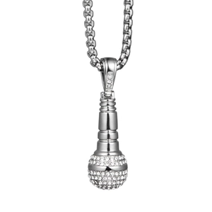 Collier avec Pendentif Microphone Créatif Hip Hop en Acier au Titane avec Strass Incrustés Bijoux pour Amoureux de Musique