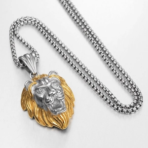 Collier Pendentif Tête De Lion Rugissant Hip Hop Bijoux Roi Lion En Acier Titane Bicolore Rétro Pour Hommes Fête