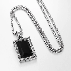 Collier hip hop vintage en argent avec pendentif carré en pierre noire et gravures