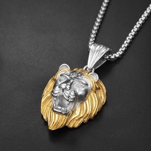 Pendentif tête de lion hip hop en acier inoxydable bicolore or et argent