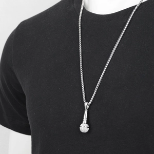 Collier pendentif microphone hip hop en argent avec cristaux brillants sur chaîne box