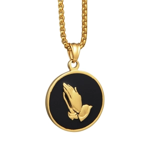 Hip hop style gold round necklace with black enamel praying hands pendant for men and women
