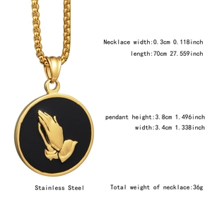 Detail of stainless steel prayer hand gold pendant with chain dimensions and specs