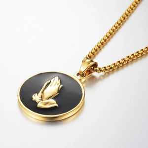 Hip hop style gold titanium necklace with black enamel praying hands medallion pendant