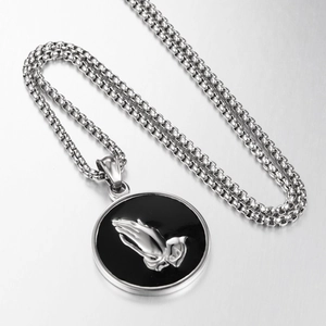 Hip hop titanium steel round medallion necklace with silver praying hands on black enamel