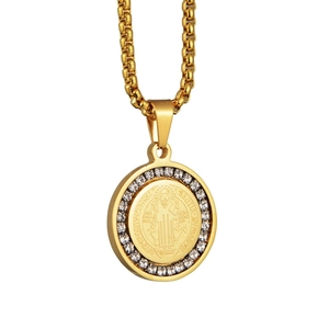 Religious St. Benedict gold medal pendant necklace with rhinestones for hip hop fashion