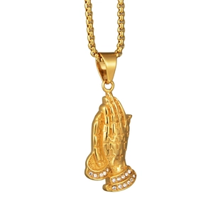 Collier Pendentif Mains En Prière Hip Hop Or Acier Inoxydable Avec Motif Croix Zircone Incrusté Chaîne Box Bijoux Unisex