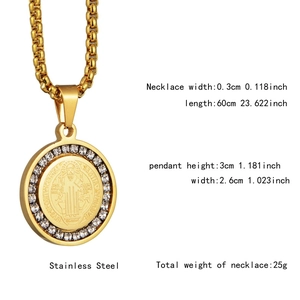 Detailed view of Saint Benedict pendant necklace with crystal inlay and dimension labels