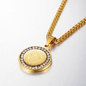 Hip Hop St Benedict Medal Pendant Necklace For Men Women Stainless Steel Rhinestone Religious Round Coin Necklace Gold Silver Jewelry