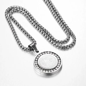 Hip hop St. Benedict religious pendant necklace in silver stainless steel with rhinestones
